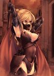  armor armpits arms_up blonde_hair breasts cape cleavage elbow_gloves face_mask gauntlets gloves greaves kirishima_satoshi large_breasts mask original ponytail red_eyes solo sword thighhighs weapon 