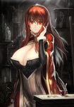  breasts cape cleavage coin cup demon_girl dress gold hair_between_eyes hair_tucking huge_breasts light_rays long_hair looking_at_viewer maou_(maoyuu) maoyuu_maou_yuusha red_eyes red_hair ryuuzaki_ichi smile solo spoon sunbeam sunlight unaligned_breasts unbuttoned 