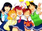  aoki_reika blonde_hair blue_hair blue_neckwear blush bow candy_(smile_precure!) green_hair green_neckwear hairband highres hino_akane_(smile_precure!) hoshizora_miyuki kise_yayoi koyama_shigeru long_hair midorikawa_nao multiple_girls nanairogaoka_middle_school_uniform necktie open_mouth pink_bow pink_hair pink_neckwear ponytail precure red_hair school_uniform short_hair sleeves_rolled_up smile_precure! v white_hairband 