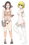  2girls areolae ass blonde_hair blue_eyes breasts brown_hair erect_nipples female flower footwear green_eyes hair_ornament happy highres kneehighs multiple_girls navel nipples open_mouth pubic_hair pussy short_hair simple_background smile socks standing suihosuruotoko2 uncensored 