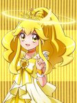  asahi_haru blonde_hair bow brooch choker cure_peace hair_flaps halo jewelry kise_yayoi long_hair magical_girl precure princess_form_(smile_precure!) ribbon sidelocks smile smile_precure! solo striped striped_background tiara vertical-striped_background vertical_stripes yellow yellow_background yellow_bow yellow_eyes 