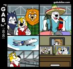  5_fingers aircraft airplane airport anthro backpack bag bau_husky black_fur black_nose blue_eyes blue_topwear brothers brown_fur canine cheek_tuft chow_chow clothed clothing comic countershade_face countershading cute_fangs dog drawer eyebrows eyes_closed fully_clothed fur gab_shiba gabshiba green_topwear grey_bottomwear grey_topwear grin group hat husky jacket looking_at_viewer mammal multicolored_fur open_mouth open_smile pants red_topwear shiba_inu shiro_shiba shirt siberian_husky sibling smile sombrero t-shirt tank_top tuft two_tone_fur url wang_chow waving white_countershading white_fur yellow_fur 