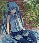  1girl aqua_eyes aqua_hair brick_wall commentary hatsune_miku kouko long_hair necktie partially_submerged running_bond sitting skirt solo thighhighs twintails very_long_hair vocaloid water wet wet_clothes 