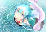 blue_eyes blue_hair blush chippucream denpa_onna_to_seishun_otoko from_above highres long_hair looking_at_viewer off_shoulder partially_submerged smile solo touwa_erio water wet wet_clothes 