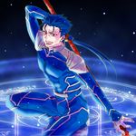  bad_id bad_pixiv_id blue_hair earrings fate/stay_night fate_(series) gae_bolg jewelry lancer long_hair magic_circle male_focus miyacok polearm ponytail red_eyes solo spear weapon 