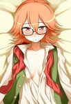  blush breasts glasses harvest_moon harvest_moon:_a_new_beginning kumadano looking_at_viewer looking_up lying medium_breasts no_bra on_back open_clothes open_mouth open_shirt orange_hair red_eyes shirt short_hair solo vest yuri_(harvest_moon) 