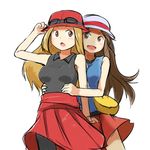  alternate_legwear black_legwear blonde_hair blue_(pokemon) brown_eyes brown_hair hat hug hug_from_behind jinteitei long_hair multiple_girls pantyhose pokemon pokemon_(game) pokemon_frlg pokemon_xy porkpie_hat serena_(pokemon) skirt 