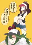  1girl baseball_cap blue_eyes denim denim_shorts green_hair hat n_(pokemon) pokemon pokemon_(game) pokemon_bw rinnfa shirt shorts sparkle standing_on_person touko_(pokemon) translated vest white_shirt yellow_background 