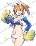  animal_ears bikini_top blue_eyes blush breasts bunny_ears charlotte_e_yeager cheerleader cleavage covered_nipples crop_top dallas_cowboys front-tie_top hand_on_hip highres jacket large_breasts long_hair michairu national_football_league one_eye_closed open_mouth orange_hair pom_poms ponytail shiny shiny_skin short_shorts shorts sideboob smile solo strike_witches world_witches_series 