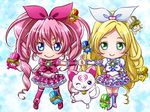  ;d asahi_haru blonde_hair blue_eyes boots bow brooch cat chibi choker cure_melody cure_rhythm dory fairy_tone fary frills full_body green_eyes hair_bow houjou_hibiki hummy_(suite_precure) jewelry knee_boots lary long_hair magical_girl midriff minamino_kanade miry multiple_girls navel no_nose one_eye_closed open_mouth pink_bow pink_hair pink_legwear precure rery shoes skirt smile sory suite_precure thighhighs tiry twintails white_choker wrist_cuffs 