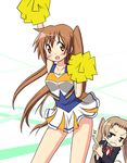  blonde_hair blue_eyes brown_eyes brown_hair cheerleader chuunibyou_demo_koi_ga_shitai! dekomori_sanae hair_ornament hairclip implied_pantyshot long_hair men_(artist) multiple_girls nibutani_shinka pom_poms school_uniform side_ponytail twintails 