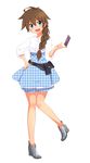  1girl blue_eyes blush braid breasts brown_hair clothed dorothy dorothy_gale dress female freckles happy highres long_hair looking_at_viewer medium_breasts open_mouth rews shoes simple_background solo standing the_wizard_of_oz white_background 