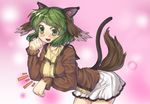  1girl :3 animal_ears blush breasts cat_ears cat_tail danbo_(rock_clime) extra_ears fake_animal_ears fake_tail green_eyes green_hair kasodani_kyouko kemonomimi_mode large_breasts leaning_forward long_sleeves looking_at_viewer open_mouth paw_pose short_hair skirt smile solo tail touhou 