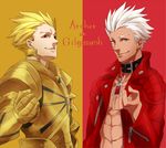  archer armor bad_id bad_pixiv_id blonde_hair collar dark_skin dark_skinned_male earrings fate/extra fate/extra_ccc fate_(series) gilgamesh jacket jewelry multiple_boys nagiko_(mangalove1111) red_jacket white_hair 