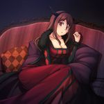  argyle breasts cleavage couch dress horns huge_breasts long_hair looking_at_viewer maou_(maoyuu) maoyuu_maou_yuusha pillow red_dress red_eyes red_hair solo yumemizuki 