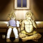  ? anthro biceps black_nose blush brown_fur canine clothed clothing couple cute duo feline frown fur gay half-dressed hand_holding male mammal muscles orange_fur pecs shy stripes tiger toku topless underwear wolf 