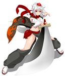  animal_ears ayase_tamaki bare_legs belt breasts cape cleavage foreshortening hat inubashiri_momiji looking_at_viewer medium_breasts navel pointing pointing_at_viewer red_eyes solo sword tail tokin_hat touhou weapon white_hair wolf_ears wolf_tail 