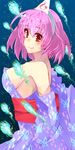  alternate_costume bad_id bad_pixiv_id blush breasts bug butterfly detached_sleeves hairband insect jont large_breasts looking_at_viewer pink_hair red_eyes saigyouji_yuyuko short_hair sideboob smile solo touhou triangular_headpiece 