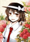  blush brown_eyes brown_hair flower hat kikuichi_monji necktie open_mouth short_hair smile solo touhou usami_renko 