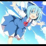  blue_dress blue_eyes blue_hair blue_sky blush bow cirno cloud day do_(4-rt) dress hair_bow ice ice_wings letterboxed open_mouth outstretched_arms shirt short_sleeves sky smile solo sun touhou wings 