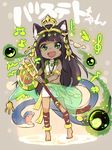  :d animal_ears ankle_lace-up anklet bad_id bad_pixiv_id barefoot bastet_(p&amp;d) brown_hair cat_ears cat_tail cross-laced_footwear dark_skin fang green_eyes instrument jewelry midriff musical_note open_mouth puzzle_&amp;_dragons sistrum smile snake solo standing tail taneda_yuuta 