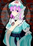  breasts gun handgun hat highres japanese_clothes kasahebi medium_breasts pink_eyes pink_hair revolver ribbon s&amp;w_500 saigyouji_yuyuko sash short_hair smile solo touhou triangular_headpiece weapon wide_sleeves 