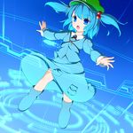  blue_eyes blue_hair hair_bobbles hair_ornament hat kawashiro_nitori key nikku_(ra) open_mouth outstretched_arms short_hair skirt skirt_set solo touhou twintails two_side_up 