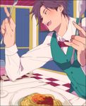  alcohol bad_id bad_pixiv_id blush bow bowtie checkered checkered_floor cup drinking_glass food fork jojo_no_kimyou_na_bouken joseph_joestar_(young) kuchiyahaku male_focus pasta purple_hair solo spaghetti vest wine wine_glass 