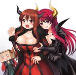  argyle bag bag_over_head black_dress blush breast_grab breasts bridal_gauntlets brown_eyes brown_hair choker cleavage demon_girl demon_horns dress dual_persona grabbing horns huge_breasts large_breasts long_hair maou_(maoyuu) maoyuu_maou_yuusha multiple_girls multiple_persona open_mouth paper_bag red_dress red_eyes red_hair white_background y.ssanoha 