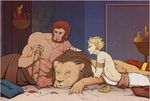  armlet beard blonde_hair facial_hair fate/zero fate_(series) fire gilgamesh jewelry lbytree lion male_focus manly multiple_boys muscle necklace red_eyes red_hair rider_(fate/zero) shirtless toga 