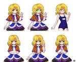  alphes_(style) alternate_costume arm_warmers blonde_hair blush crossed_arms glowing glowing_eyes green_eyes hands_clasped kaoru_(gensou_yuugen-an) looking_at_viewer mizuhashi_parsee name_tag one-piece_swimsuit open_mouth own_hands_together parody pointy_ears pose scarf school_swimsuit short_hair short_sleeves simple_background skirt smile solo style_parody sweatdrop swimsuit touhou white_background 
