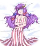  bare_shoulders blue_eyes blush bow breasts cleavage crescent crescent_hair_ornament dress hair_bow hair_ornament iwatobi_hiro large_breasts long_hair looking_at_viewer lying no_hat no_headwear on_back patchouli_knowledge purple_hair solo touhou 