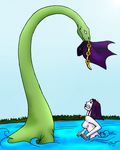  angry avian beast_boy bird breasts clothing crow dinosaur diplodocus duo female khimera13 long_neck male nipples nude raven raven_(teen_titans) reptile scalie smile teen_titans water 
