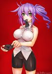  adjusting_clothes adjusting_gloves bandaid bandaid_on_face bare_shoulders bike_shorts blush borrowed_character cameltoe drill_hair fingerless_gloves glove_in_mouth gloves green_eyes highres looking_at_viewer md5_mismatch mouth_hold no_bra original purple_hair side_ponytail simple_background sleeveless solo taishi_(picchiridou) umizakura_tachimi 