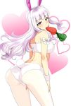  animal_ears ass blush bow breasts bunny_ears bunny_tail carrot fishnet_pantyhose fishnets from_behind heart idolmaster idolmaster_(classic) large_breasts long_hair mouth_hold pantyhose purple_eyes shijou_takane silver_hair solo tail tsurui white_legwear 