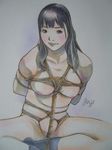  1girl arms_behind_back bdsm bondage bound box_tie breasts jinji nipples original rope shibari shrimp_tie solo 
