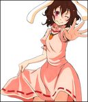  animal_ears bad_id bad_pixiv_id ballpoint_pen_(medium) border brown_hair bunny_ears carrot carrot_necklace dress foreshortening hands inaba_tewi jewelry looking_at_viewer marker_(medium) necklace one_eye_closed outstretched_arm pendant puffy_sleeves red_eyes s-syogo shikishi short_hair short_sleeves simple_background skirt_hold smile solo touhou traditional_media white_background 