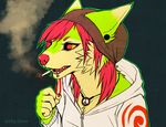  anthro canine cigarette falvie falvie_(character) female fionbri fur green_fur hoodie mammal necklace piercing solo 