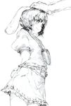  absurdres animal_ears arms_behind_back bunny_ears bunny_tail carrot carrot_necklace graphite_(medium) greyscale highres inaba_tewi jewelry monochrome necklace oshake out_of_frame pendant petting short_hair skirt skirt_set smile solo_focus tail touhou traditional_media 