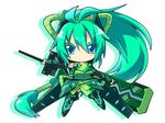  aqua_eyes chibi gauntlets greaves green_hair headgear reku solo sword vividgreen vividred_operation weapon 