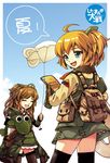  acea4 backpack bag balloon blue_eyes brown_hair churchill_(tank)_(personification) closed_eyes english gloves holster kite_balloon long_hair m4_sherman_(personification) military multiple_girls open_mouth original personification sky slingshot smile thighhighs world_war_ii 