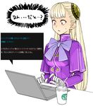  blonde_hair breasts capcom_fighting_jam coffee computer constricted_pupils dress gloves hairpods ingrid laptop long_hair medium_breasts partially_translated red_eyes solo sweatdrop tetsu_(kimuchi) translation_request very_long_hair white_gloves wide-eyed 