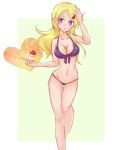  1girl :o ace_trainer_(pokemon) ayaka_(pokemon) bikini blonde_hair breasts cleavage collarbone creatures_(company) front-tie_top game_freak hair_ornament hairclip heart long_hair navel nintendo npc_trainer open_mouth poke_ball pokemon pokemon_(game) pokemon_xy purple_eyes solo swimsuit 