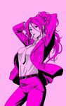  adjusting_hair belt breasts buckle contrapposto dress_shirt hands_in_hair jacket kuroko_no_basuke long_hair long_sleeves looking_at_viewer medium_breasts momoi_satsuki monochrome necktie open_clothes open_jacket pants pink pink_hair ponytail sayococco shirt solo standing tying_hair wavy_hair 