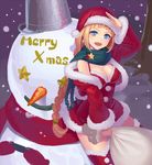  :d bangs blonde_hair blue_eyes blunt_bangs braid breasts christmas cleavage dress earrings fur_trim green_scarf hat jacket jewelry k+ long_hair medium_breasts merry_christmas open_mouth original red_legwear sack salute santa_costume santa_hat scarf smile snow snowman solo thighhighs 