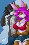  2013 big_breasts black_hair breasts canine cleavage clothed clothing couple duo eyewear female fox hair lagomorph male mammal mastergodai purple_hair rabbit shadesfox smile sunglasses tani tani_(vixenchan) upstairstudios 