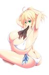  1girl absurdres akira_agata arms_behind_head arms_up ass bikini blonde_hair breasts gigantic_breasts green_eyes highres original saber short_hair sitting skindentation solo swimsuit thighs 