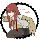  blue_eyes brown_hair copyright_name flat_chest fourth_wall jacket legwear_under_shorts long_hair looking_at_viewer makise_kurisu necktie pantyhose red_neckwear shorts simple_background solo steins;gate tetsu_(kimuchi) white_background 