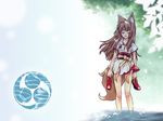  acea4 animal_ears blush brown_hair closed_eyes flat_chest fox_ears fox_tail long_hair mitsudomoe_(shape) original rei_(rayden_models) smile solo tail tomoe_(symbol) 