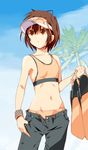  bare_shoulders blue_sky brown_eyes brown_hair cloud collarbone day denim flat_chest flippers groin halterneck jeans looking_away mamoru_(sister_princess) midriff mizugame navel open_fly palm_tree pants parted_lips short_hair sister_princess sky solo sunglasses thumb_in_pocket tomboy tree unzipped visor_cap wristband 